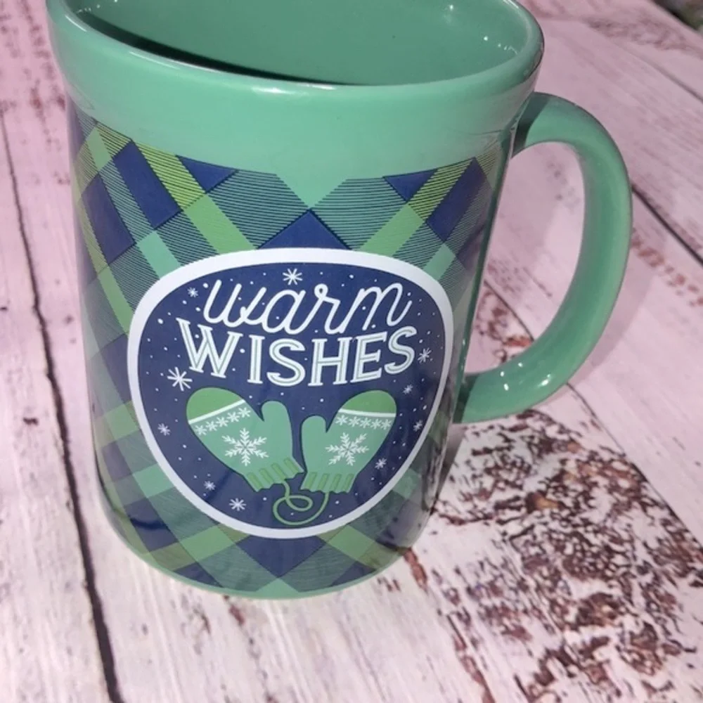 Warm Wishes Christmas green plaid coffee mug